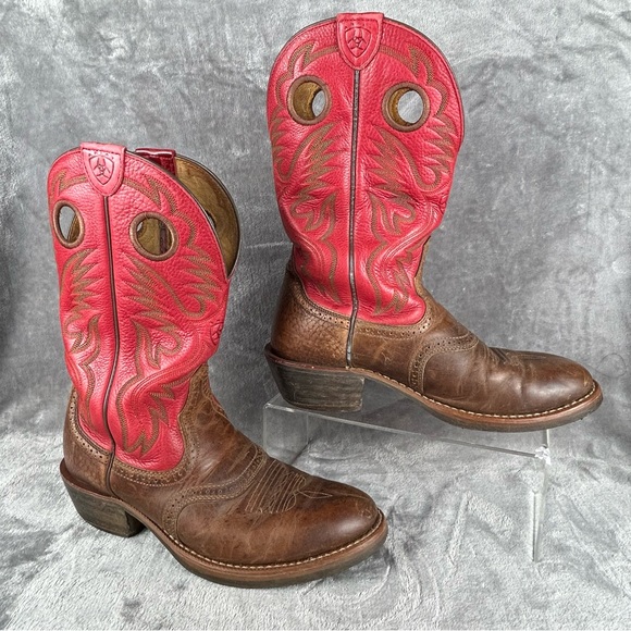 Ariat Western Boots Mens 9.5‎ D Red & Brown Leather Style 34879 Cowboy Mid Calf